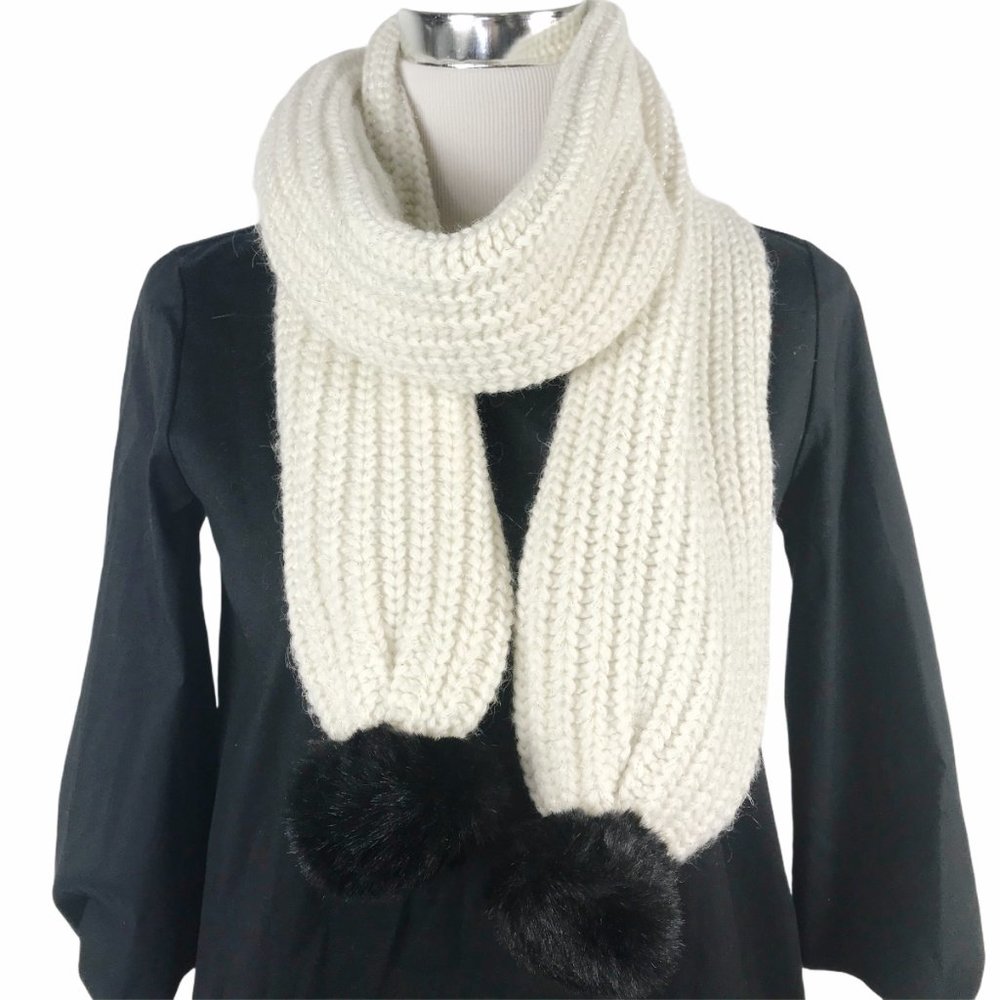 Kate Spade Cream Metallic Black Pom Pom Scarf
